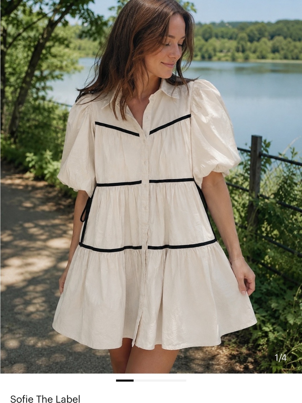 Women's White Puff Sleeve Tiered Button-Front Dress